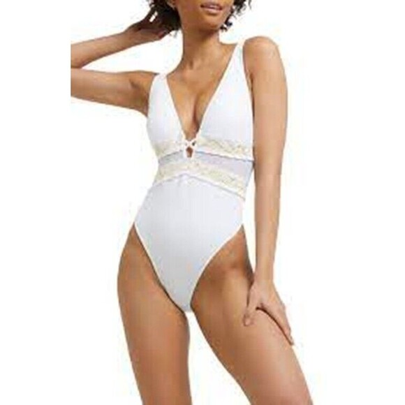 River Island High Apex One Piece Swimsuit Size 6 Deep V Sequin White Gold NWD B9 - Picture 1 of 6
